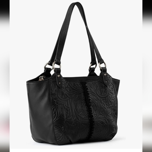 The Sak Bolinas Leather Satchel Black Leaf Embossed - Picture 2 of 7